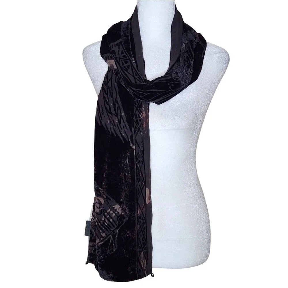 Vintage 90s Susan Unger Silk Velvet Burnout Scarf Chocolate Brown Quiet Luxury